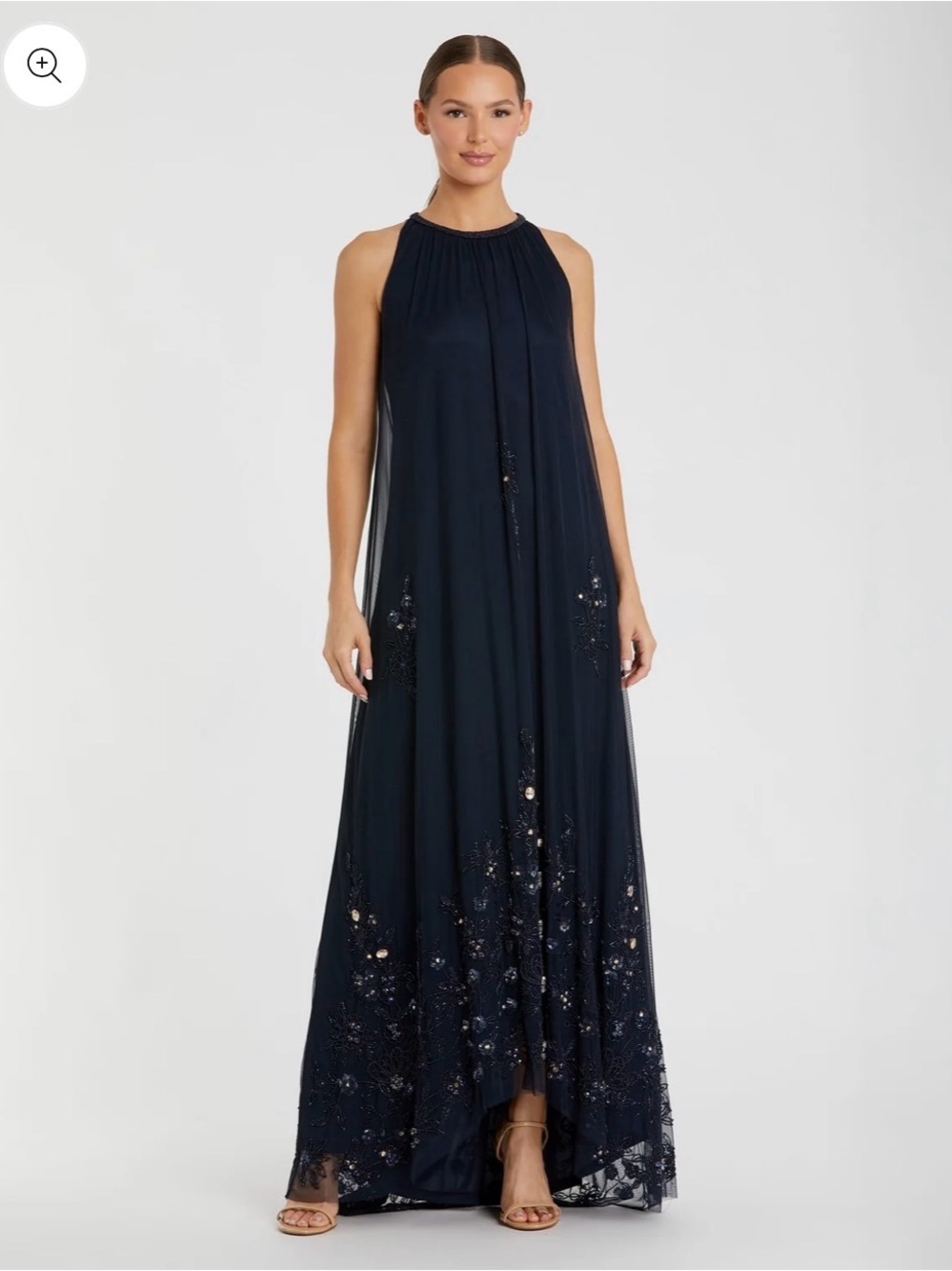 Mac Duggal Navy Halter Beaded Maxi Gown